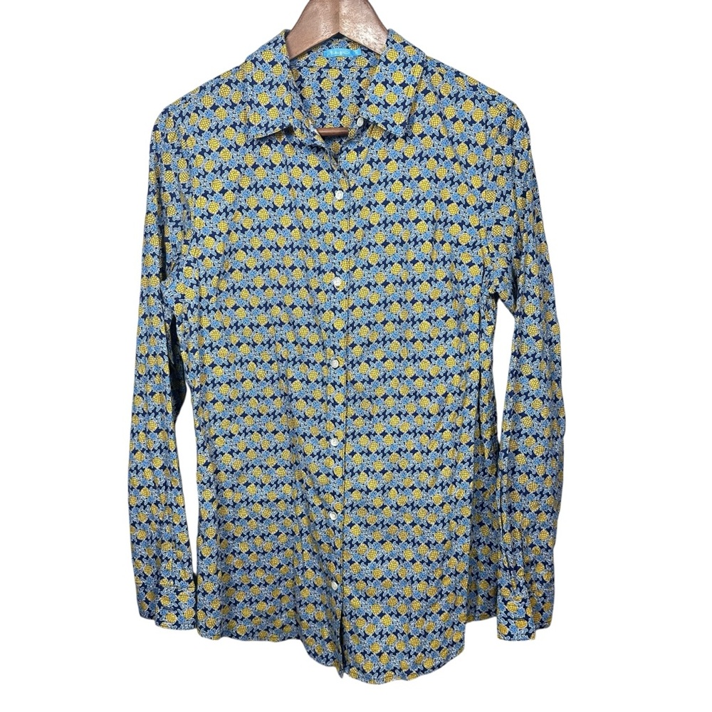 J. McLaughlin Womens Lois Shirt M Blue Yellow Pineapple‎ Print Button Up NWOT